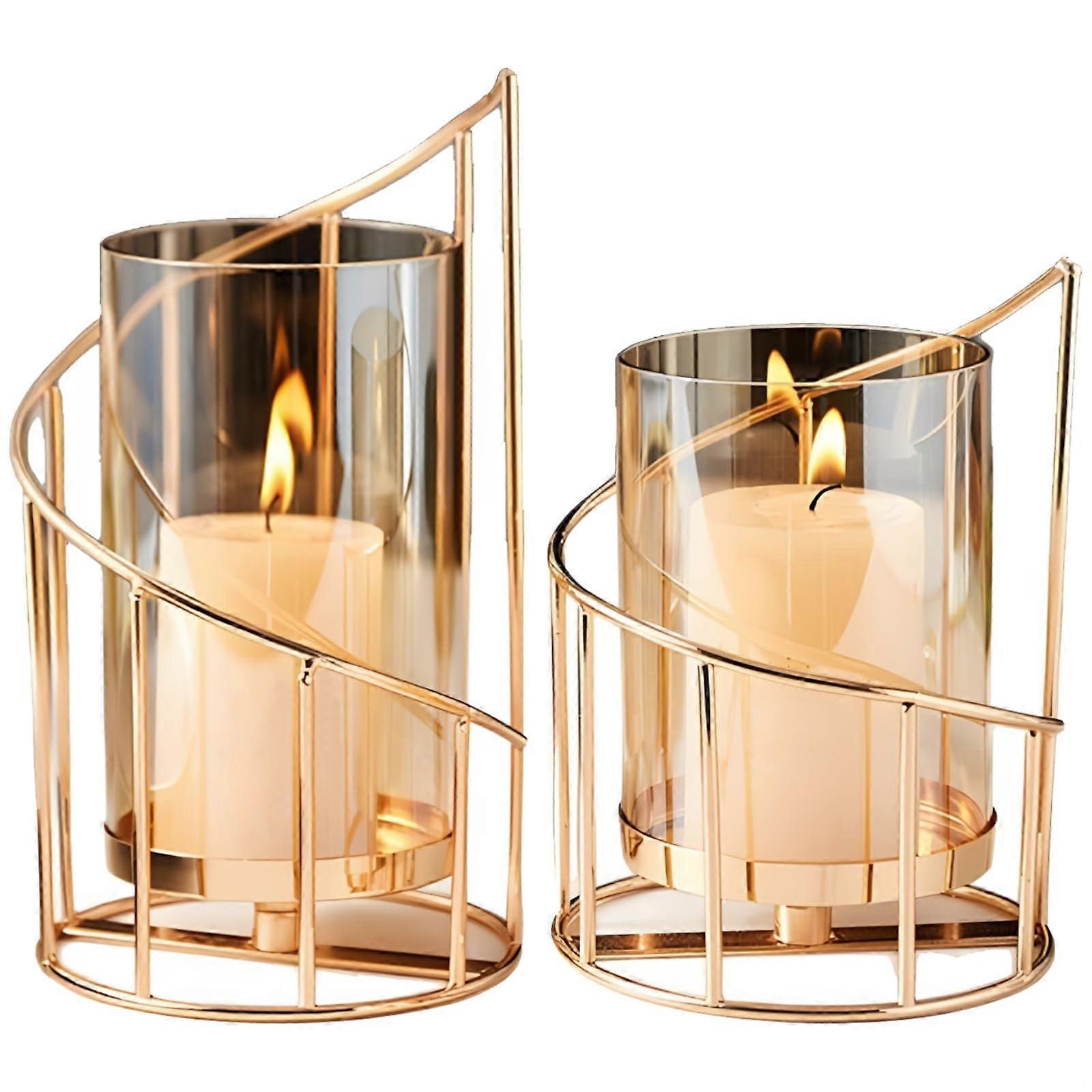 Set of 2 Gold Metal Candle Holders with Wire Design for Table Centerpiece, Fits Pillar Candles Ref: 6348