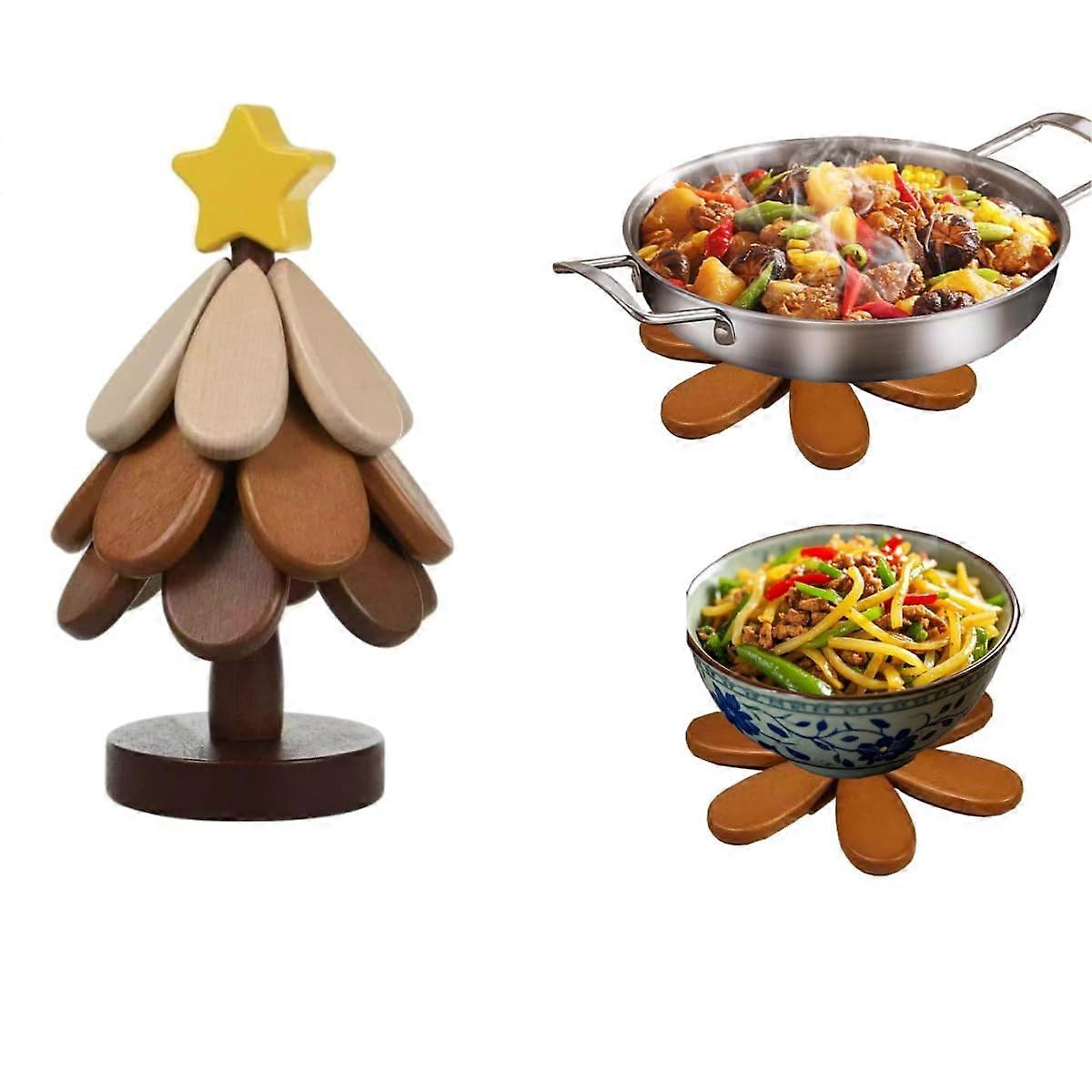 Christmas Tree Trivet Set of 3 Wooden HeatResistant Foldable Design for Holiday Table Protection