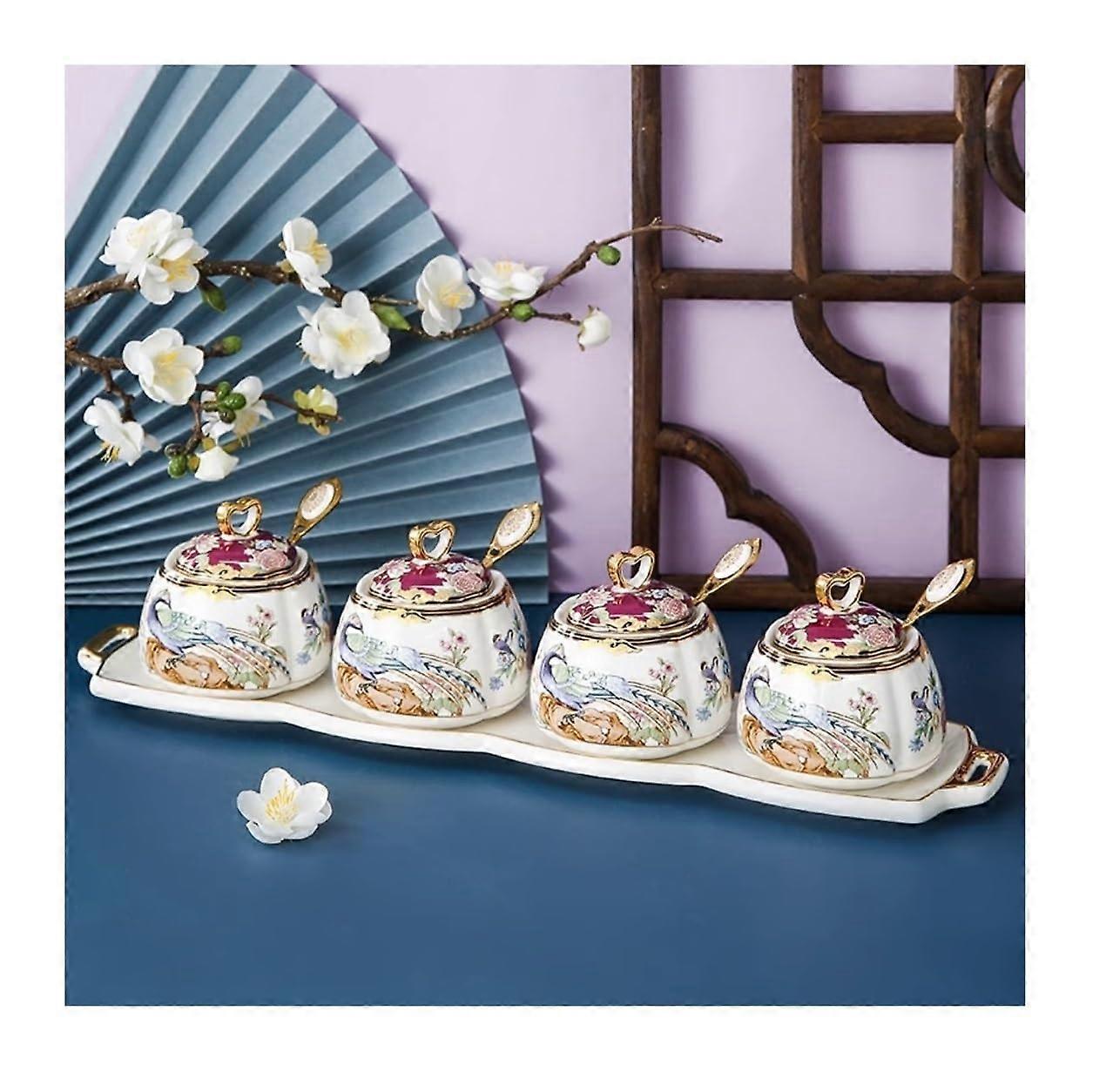 Ceramic Condiment Container Set with Lids and Spoons, Glazed Porcelain Spice Jars with Tray, 4pcs