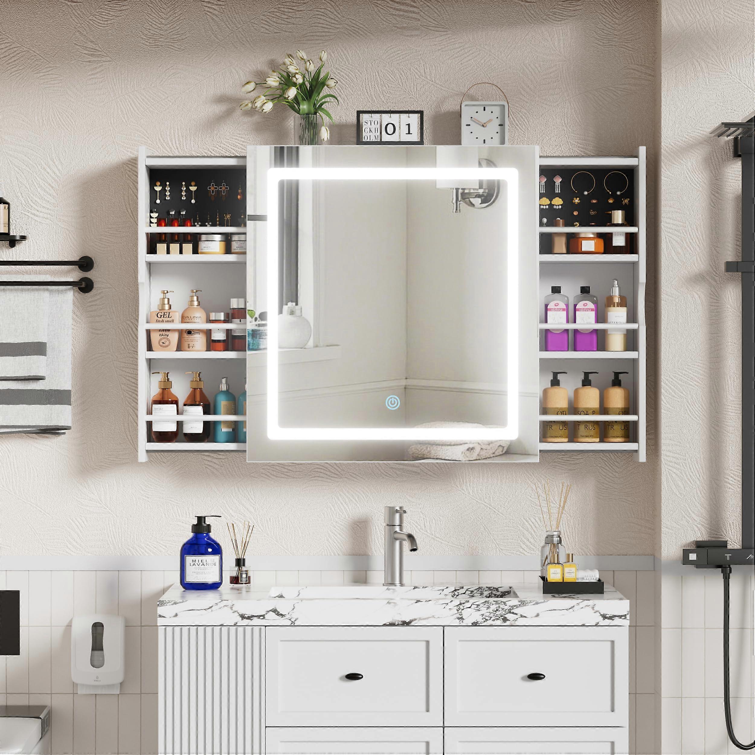 LED Bathroom Mirror Cabinet Wall Mounted with Adjustable Lighting and Shelves White