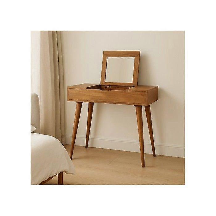 Solid Wood Mini Oak-ish Dressing Table, 4 Storage Compartments With Mirror, Brown