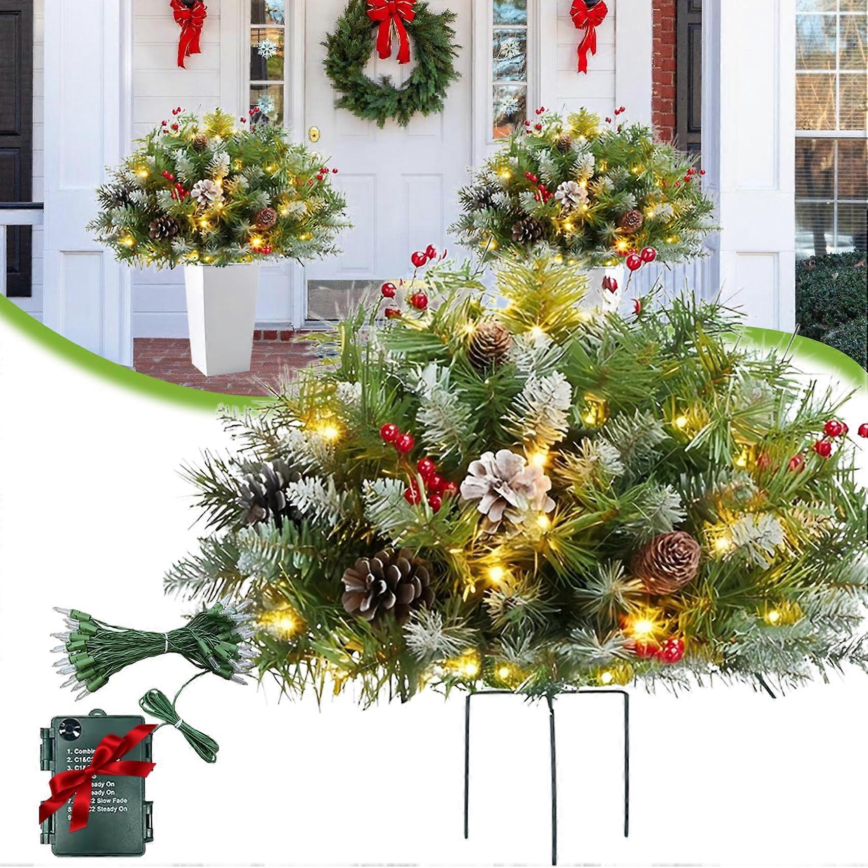 Pre Lit Artificial Christmas Tree Urn Filler with Warm LED Lights, Battery Operated, Pinecones and Berries