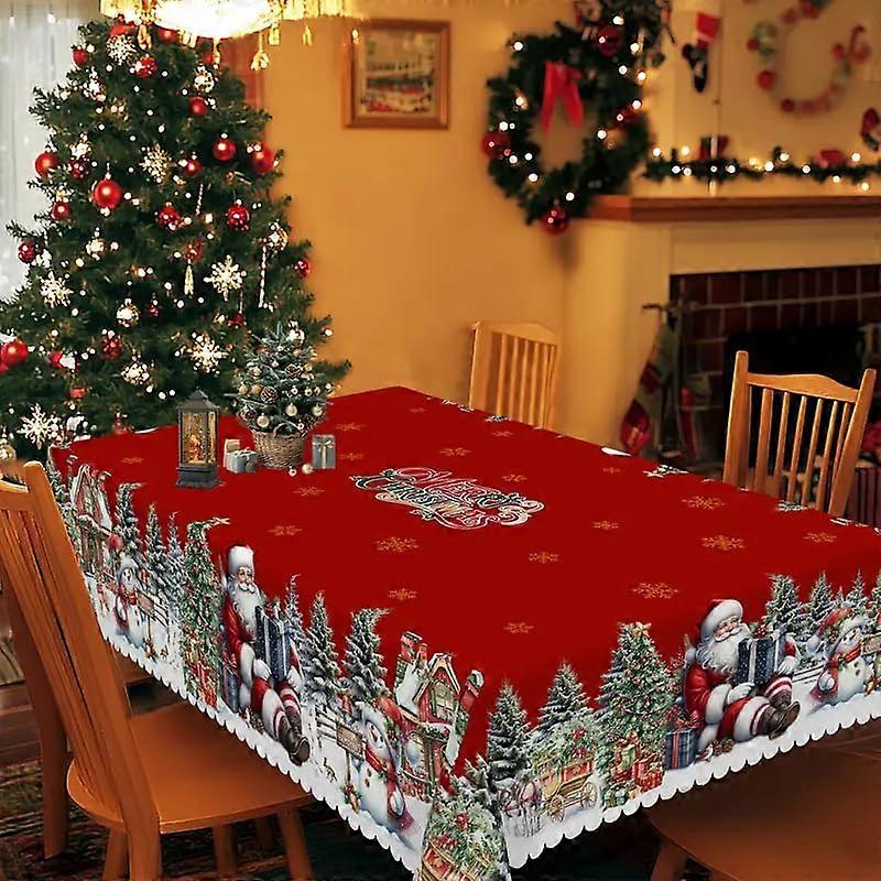 Christmas Tablecloth with Santa Claus and Reindeer, Red Polyester, 60x102in for 810 Guests