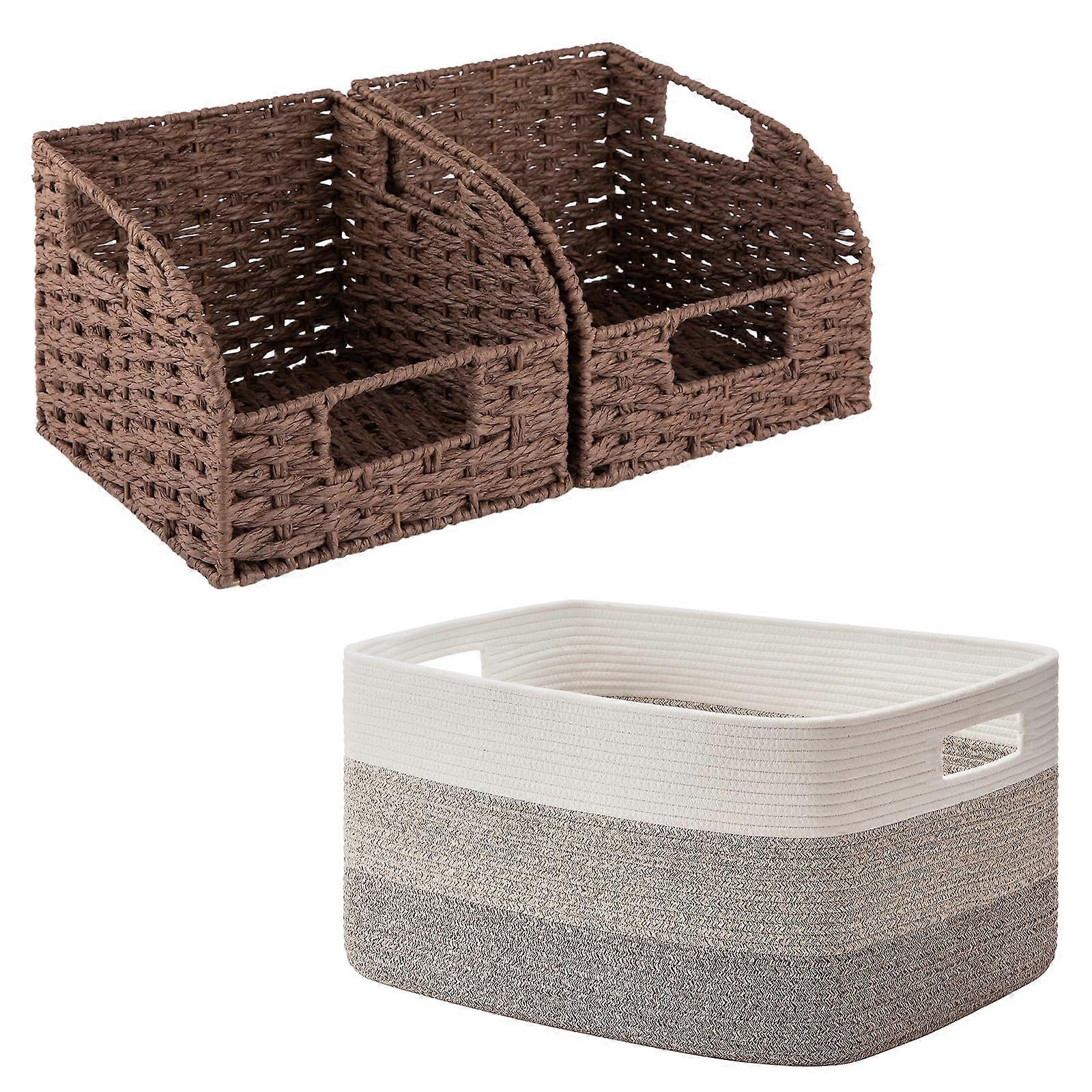 Pantry Storage Baskets 3 Pack Brown Foldable Woven with Handles for Kitchen Bathroom Organization