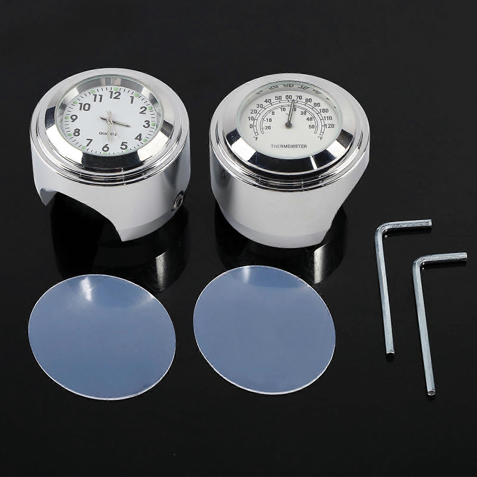 7/8" 1" Motorcycle Handlebar Mount Watch Dial Clock & Thermometer Temp White
