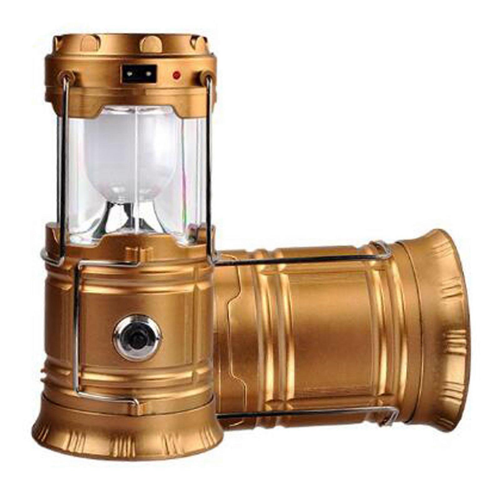 Camping Lantern Solar Rechargeable Flashlight Collapsible LED Tent Light with Hanging Handle Gold