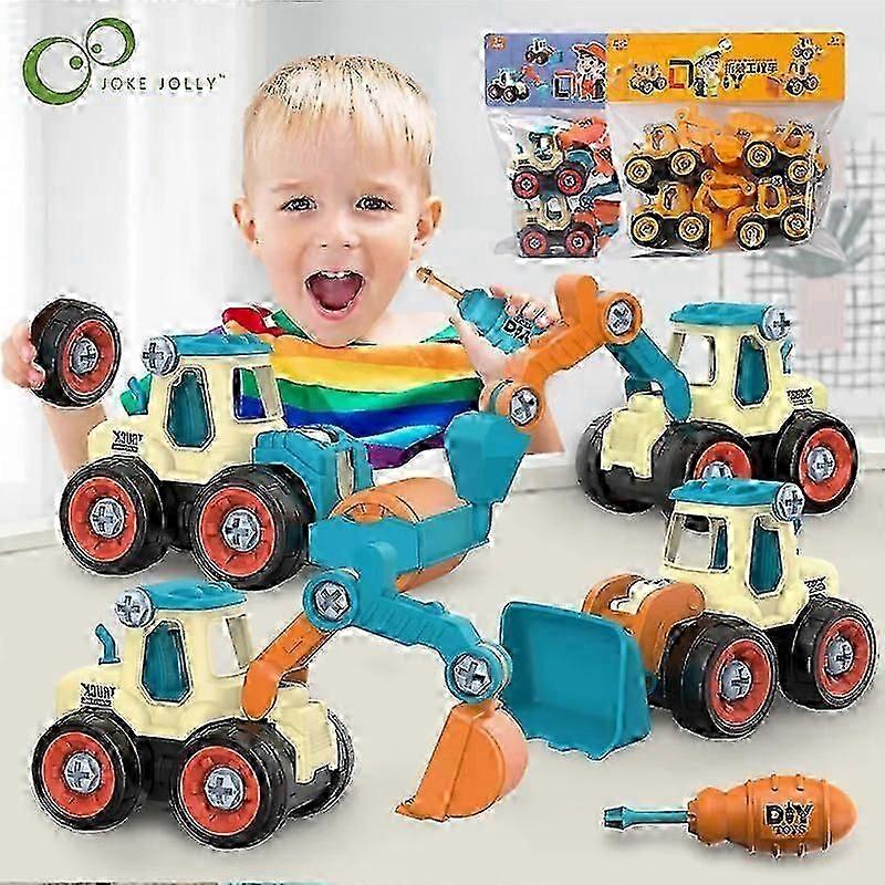 (Ya Lu Ji)4Pcs Construction Toy Engineering Car Fire truck Screw Build and Take Apart Great for Kids Boys Educational DIY Toy for Children