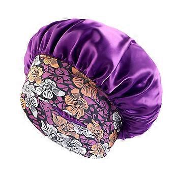 Touca de dormir reversível de cetim para cabelos longos com estampa étnica roxa.