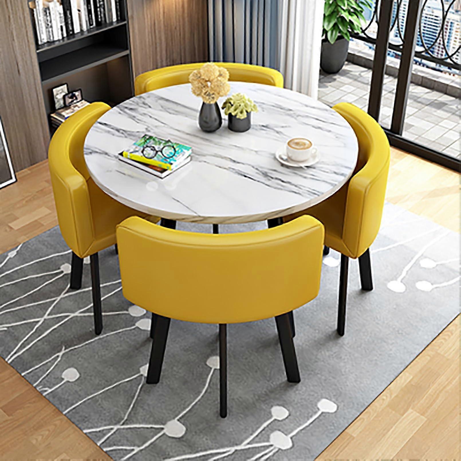 Dining Table Set for 4 with PU Leather Chairs, Modern Round Kitchen Table for Small Spaces