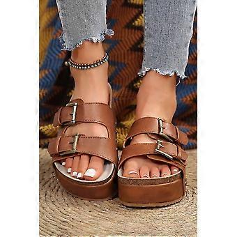 Women's Chestnut Dual Buckle Studded Platform Sandal Slippers