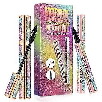 Mascara Eyeliner Set, 4D Silk Fiber Eyelash Mascara, Long Lasting Waterproof, Natural Smudge-Proof