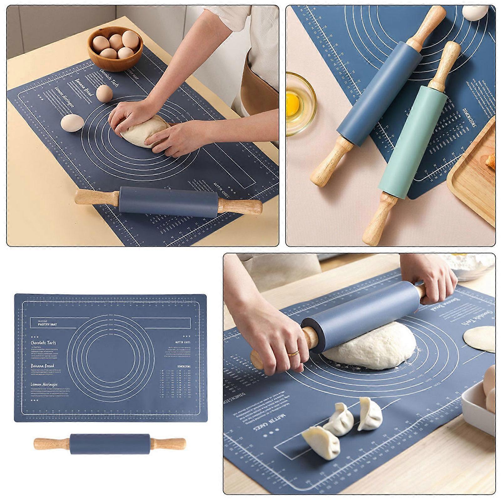 Multi-Function Kneading Pastry Mat with Rolling Pin for Home Use 2Sets Blue
