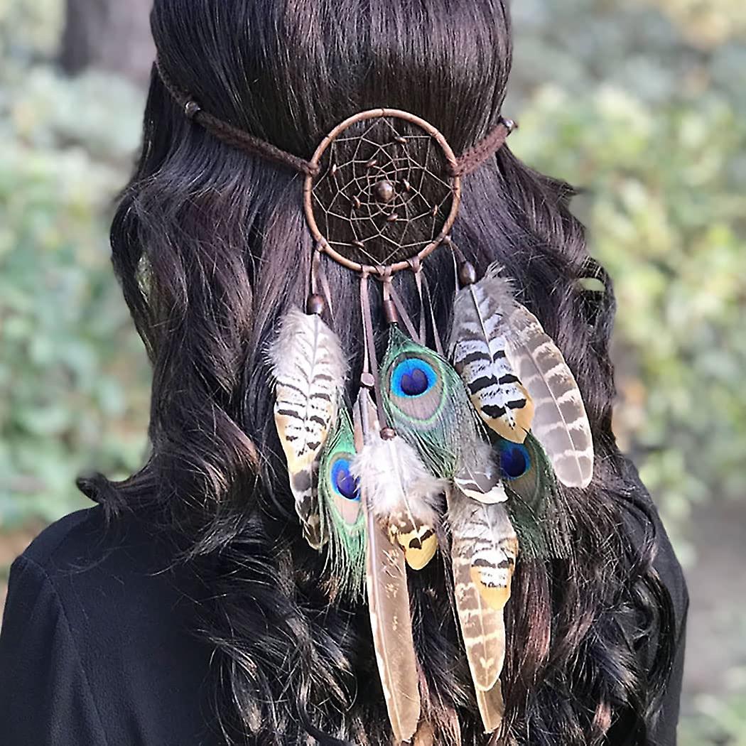 Indian Peacock Feather Headbands Boho Princess Head Chain Bule (C)