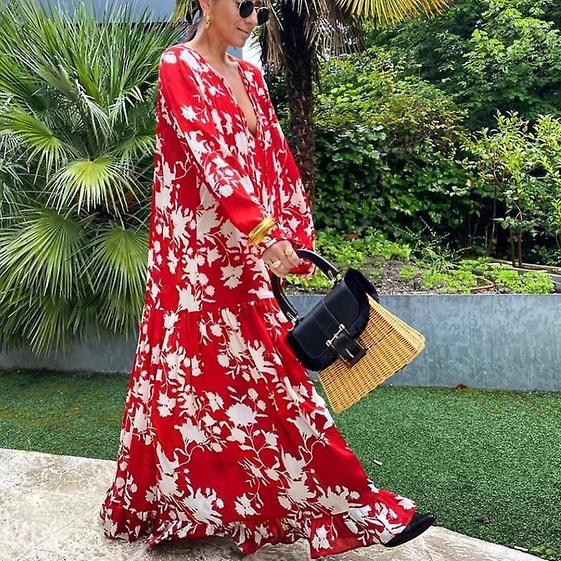 Long-sleeved Large Swing Loose Fashion Casual Long Skirt Digital Print Dress