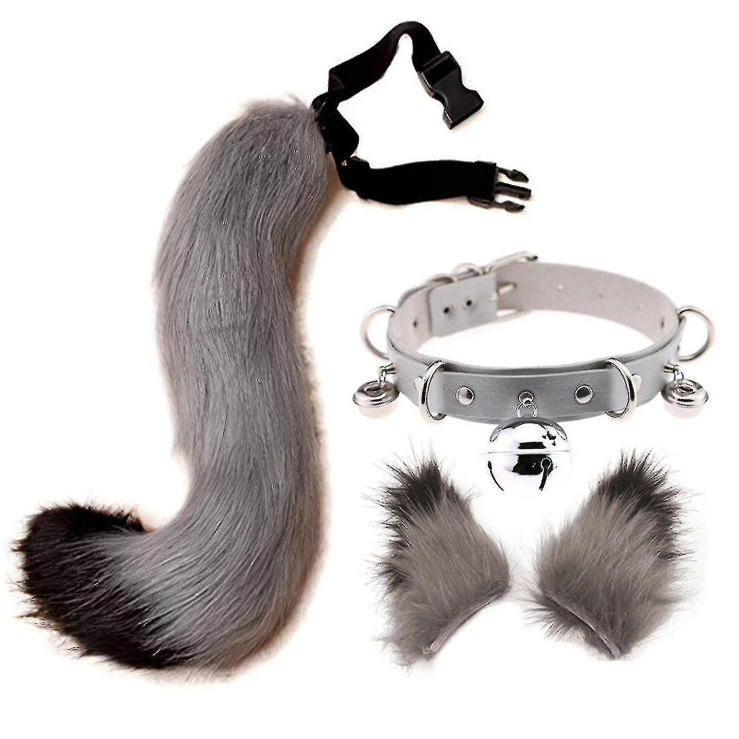 Hair Clips Cocker Tail Animal Element Adjustable Faux Fur Solid Wolf Tail Ears Collar For Cosplay Color : Grey