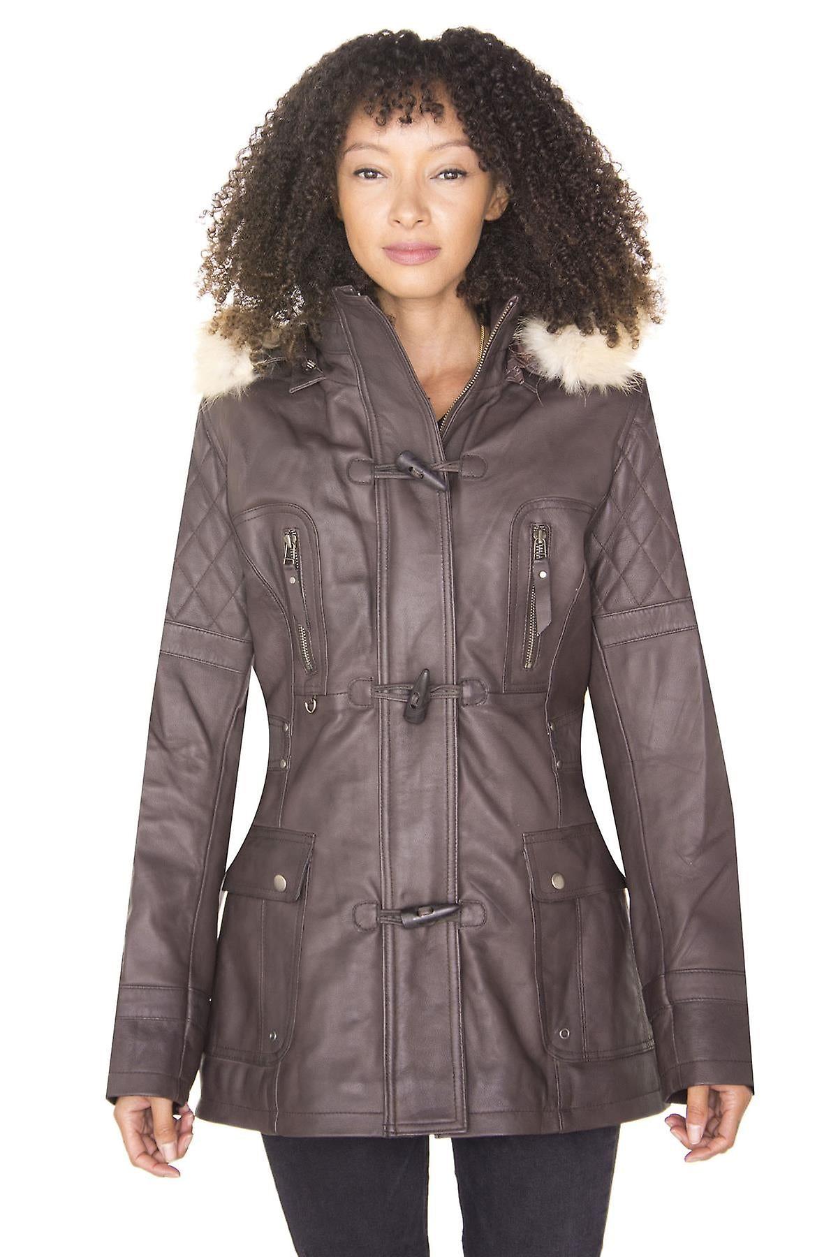 Infinity Leather Women's Brown Quilted Leather Hooded Parka Jacket 5XL
