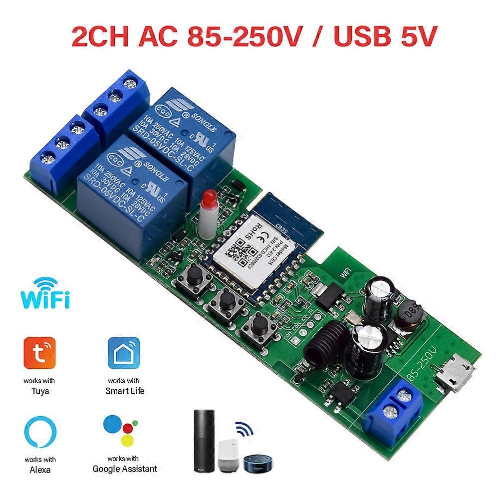 Module de commutation de maison intelligente Tuya 2CH Commutateur Wifi 7-32V 85-250V USB 5V Module de relais sans fil avec Alexa Google