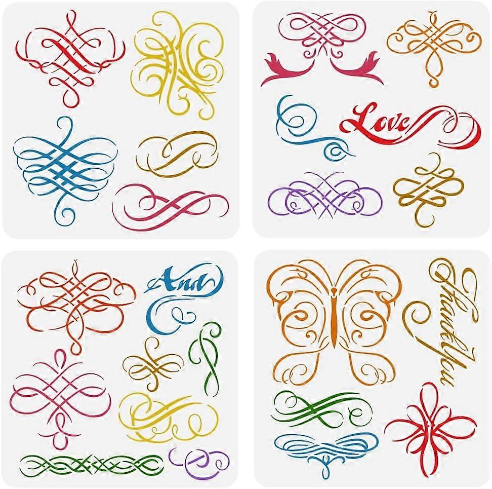 4Pcs Swirls Calligraphy Painting Stencil 11.8x11.8 inch Reusable Swirls Border Corner Drawing Template