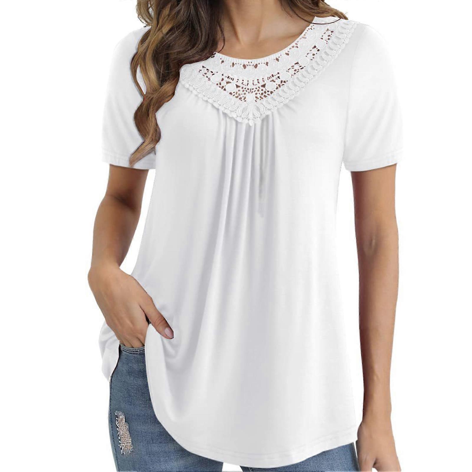 Women Short Sleeve Lace Ruffle Splicing Blouse Drawstring Shirts Summer Top for Women Black M