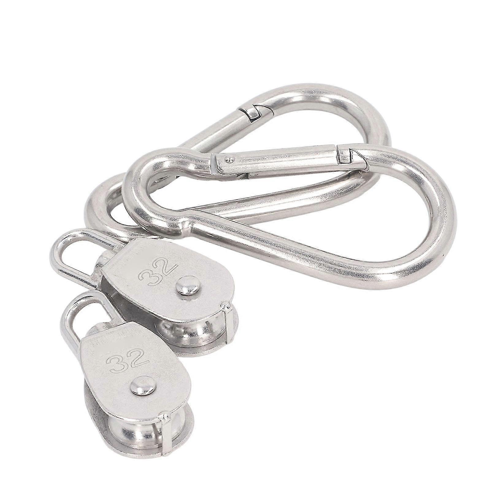 2st rostfritt stål vajer hängande bogserhjul remskiva med M32 enkel remskiva och 2 M12 fjäder snäppkrokar