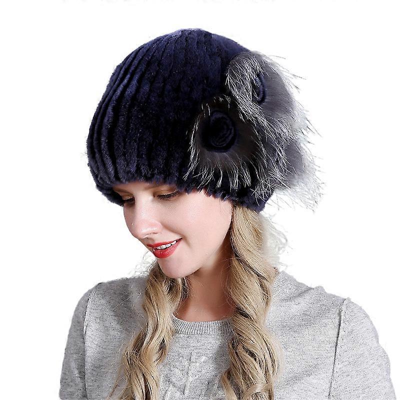 MIMIGO Knitted Liner Fur Hat Winter Women's Rex Rabbit Fur Beret Hats Silver Fox Fur Flower On The Side