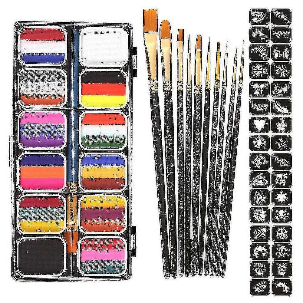 Rainbow Face Paint Kit Colorful Face Body Palette Lasting Makeup Effect With 10 Brushes 4 Sheet Stencils Halloween Themed Party