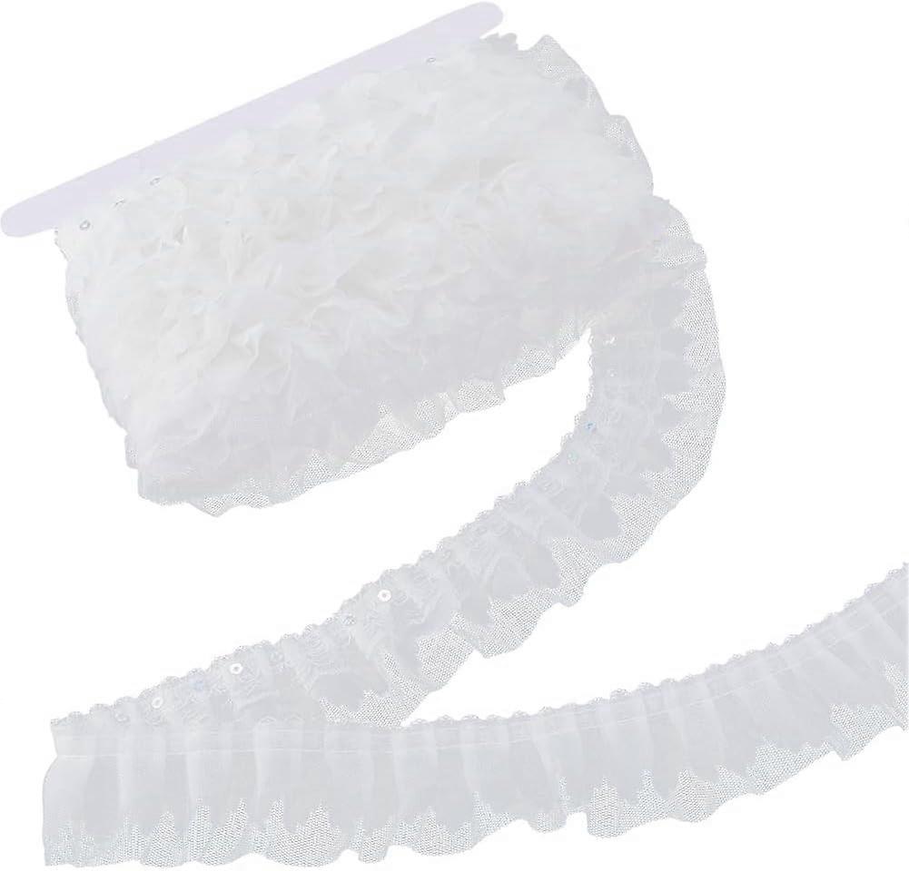 10m 3-Layer Pleated Chiffon Lace Trim 50mm Wide White Multi Layer Gathered Ruffle Mesh Organza Trim Sequins Tulle Edging Trimmings Ribbon for DIY Sewi