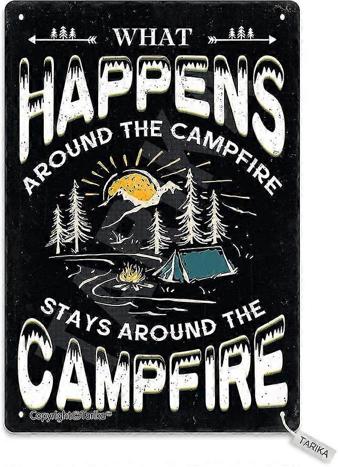 O que acontece ao redor da fogueira fica ao redor da fogueira Retro Look Metal 8x12 polegadas OU 12x16 polegadas 