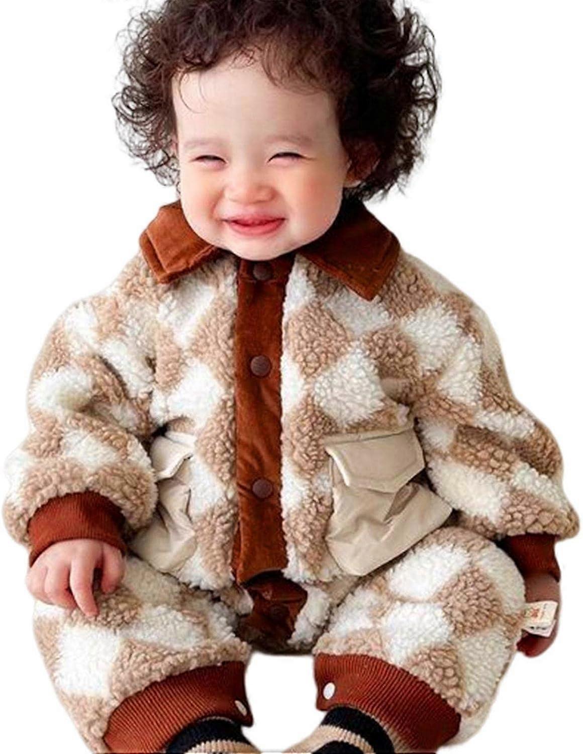 Snowsuit - Fleece Baby Bunting Suit Checked with Double-breasted Design - Newborn Winter Clothes with Little Pockets On The Sides