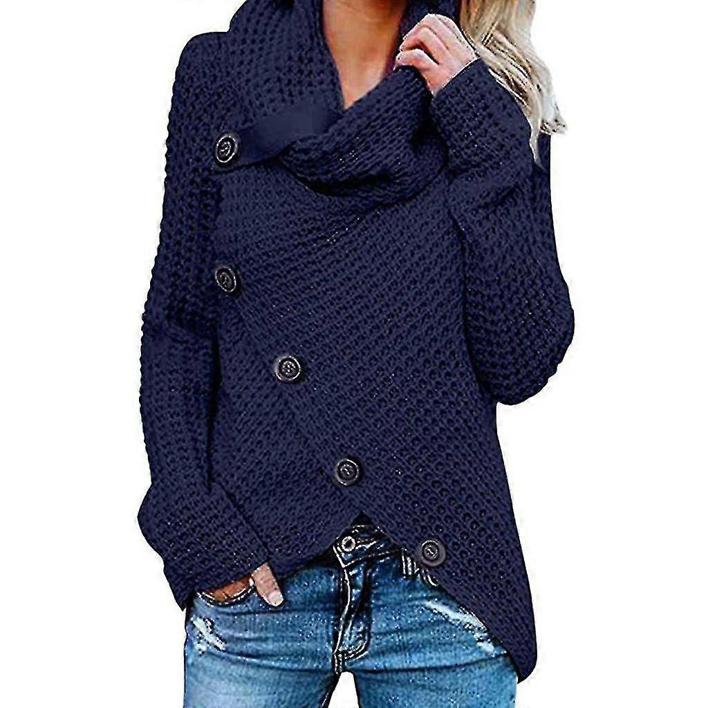 Kvinner Vinter Høst Langermet Pullover Topper Turtleneck Skrå Knapper Vaffel Strikket Genser
