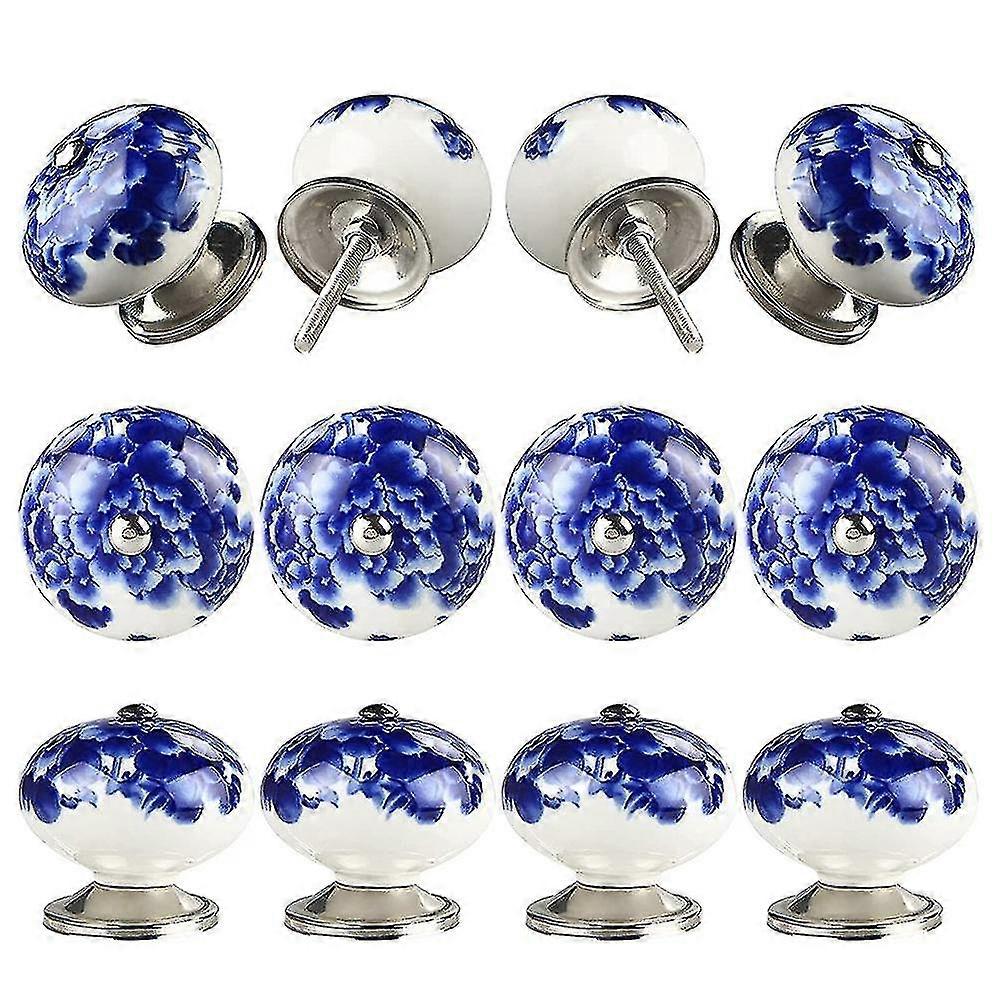 12pcs Handmade Ceramic Door Knobs For Placards Cabinet Knobs Blue On White Wardrobe Door Handles C