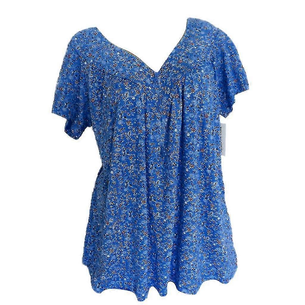 Damen Plus Size Kurze Ärmel V-Ausschnitt Print Bluse Pullover Tops Hemd