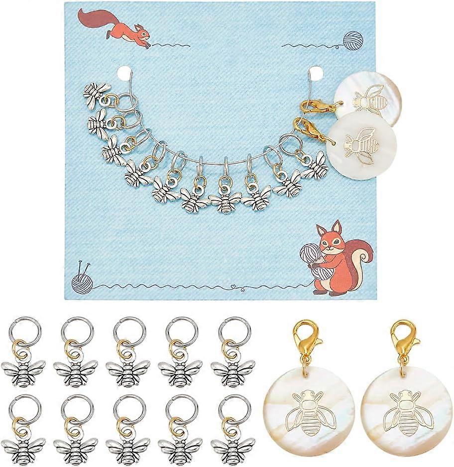 12Pcs 2 Style Bees Tibetan Style Alloy Pendant Stitch Markers Crochet Charms with Alloy Lobster Claw Clasps and Freshshell Pendants Mixed Color 1.7~3.