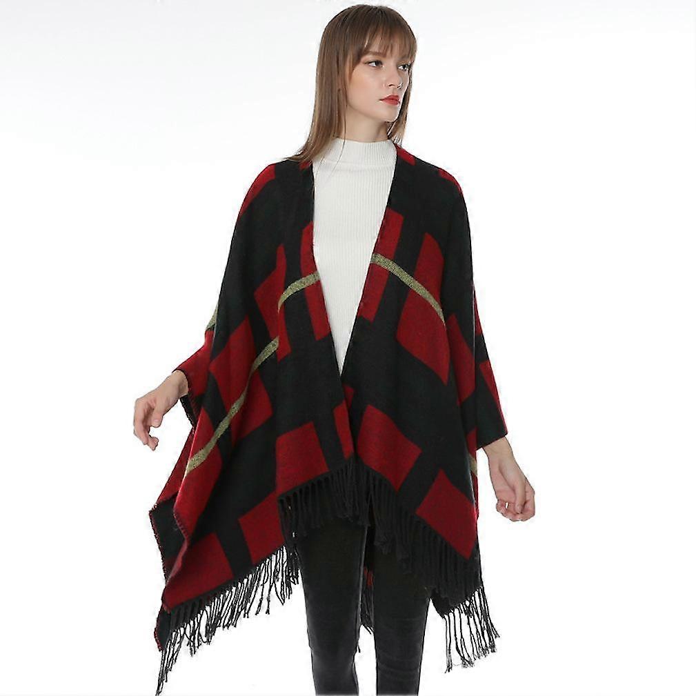 Plaid Shawl Scarf with Tassel Open Front Poncho Winter Cardigant for Lady