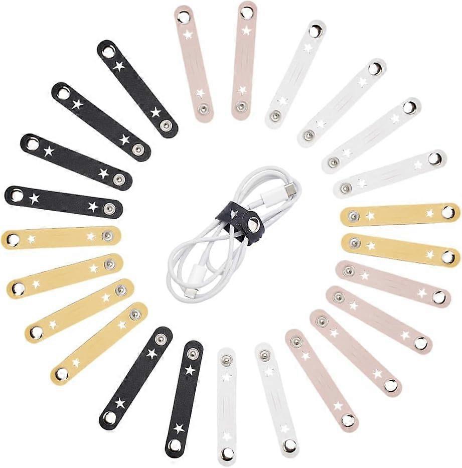 24Pcs 4 Colors Star Pattern Imitation Leather Cable Keepers with Iron Snap Buttons Cord Organizer Strap for Wire Management Mixed Color 90x14x1mm 6pcs