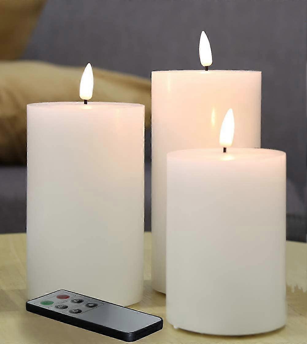 White Flat Top Flameless Candles With Remote, Flickering Real Wax Led Battery Candles D 3" H 4" 5" 6", 3 Pack