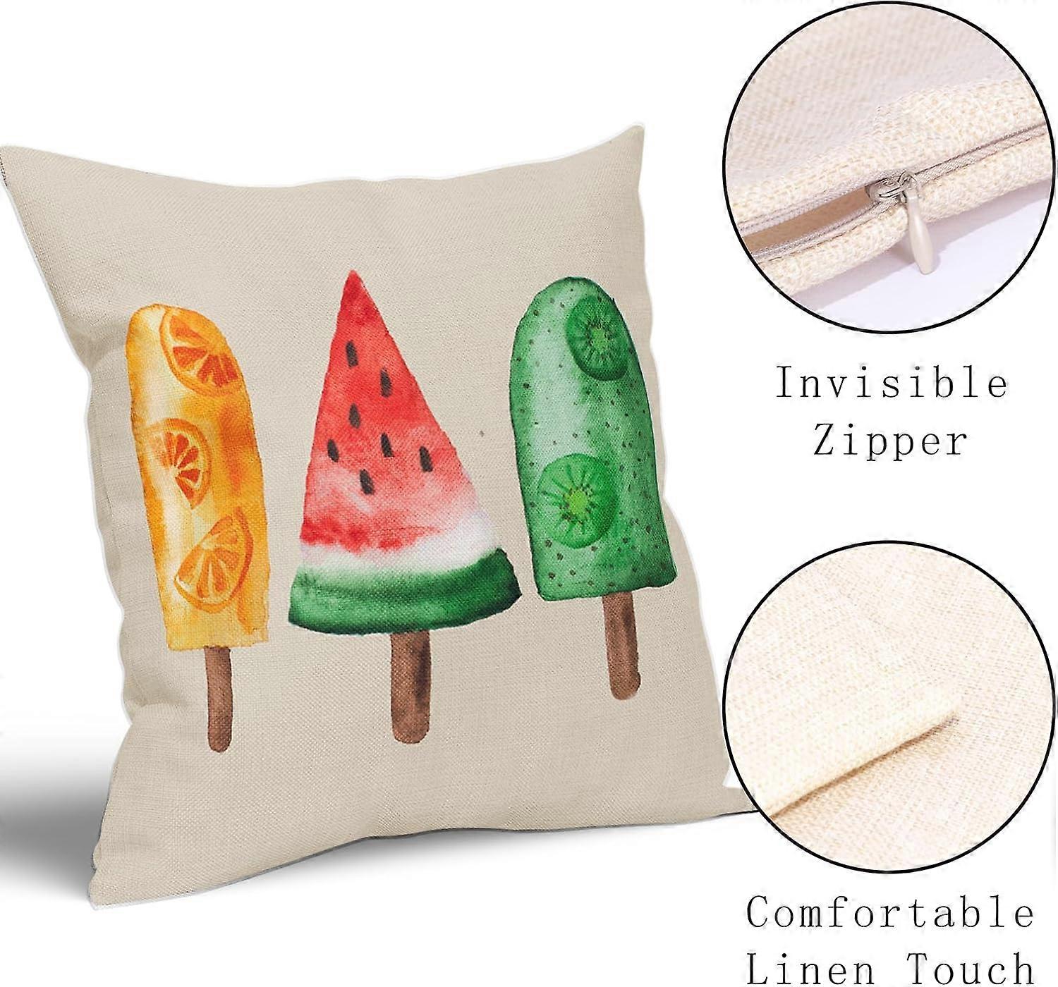 夏のアイスクリームアイスキャンディー枕カバー18X18インチ水彩オレンジスイカキウイフルーツ装飾枕ケース2つの季節のスロー枕のセット