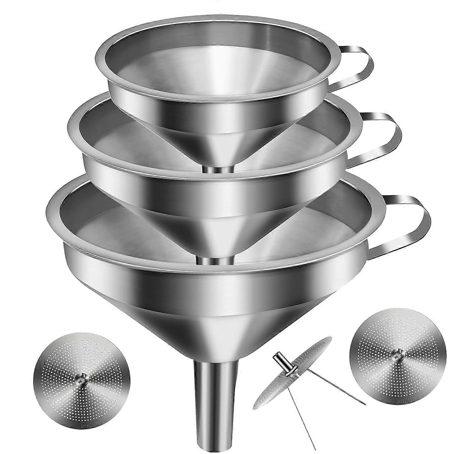Stainless Steel Funnel Set with Strainer for Kitchen, Food Grade Metal Funnels in Various Sizes, Durable and Easy to Clean