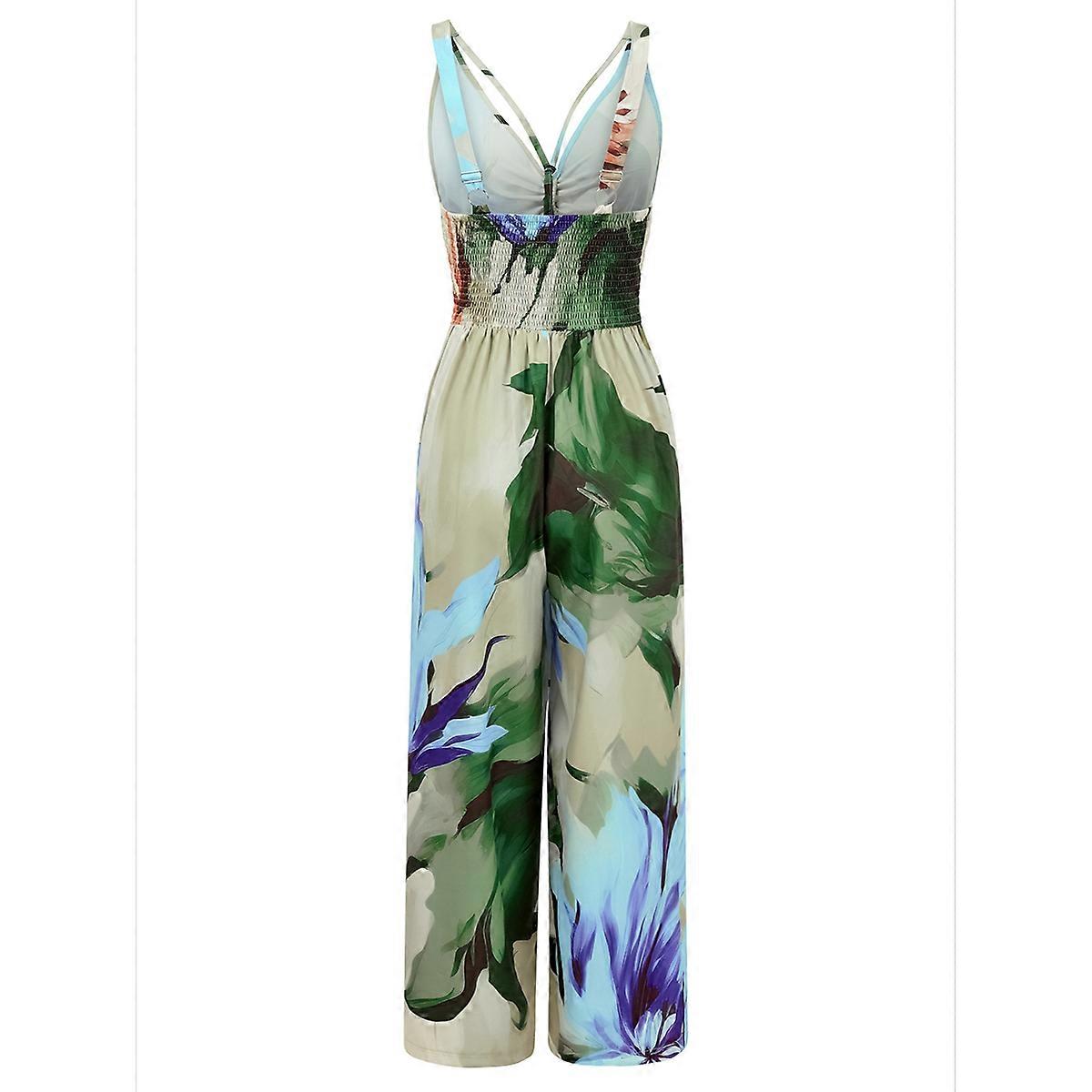 Printed Wide-Leg Jumpsuit Blue Flowers on Background S