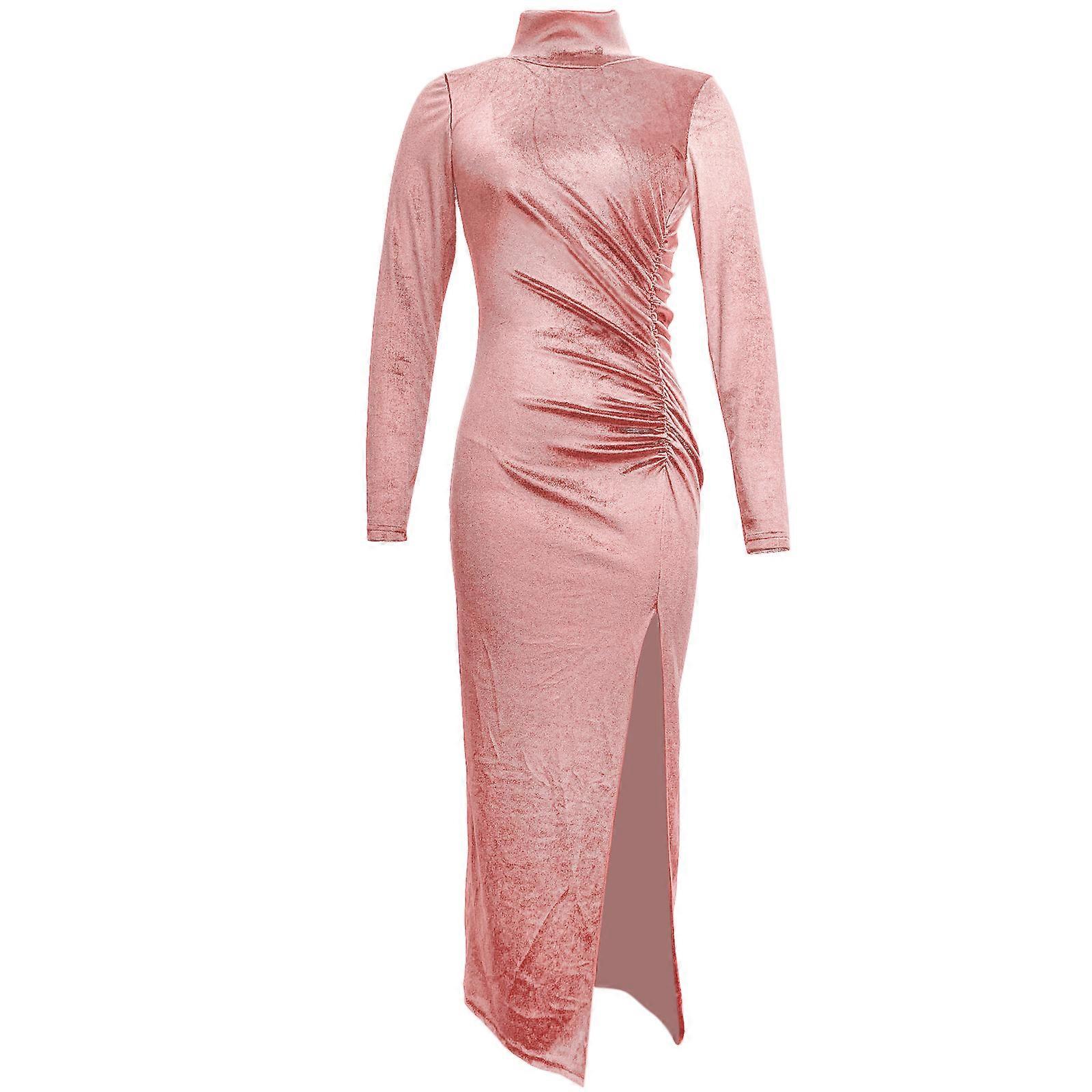 Womens Sexy Turtleneck Long Sleeve Velvet Dress Split Bodycon Wrap