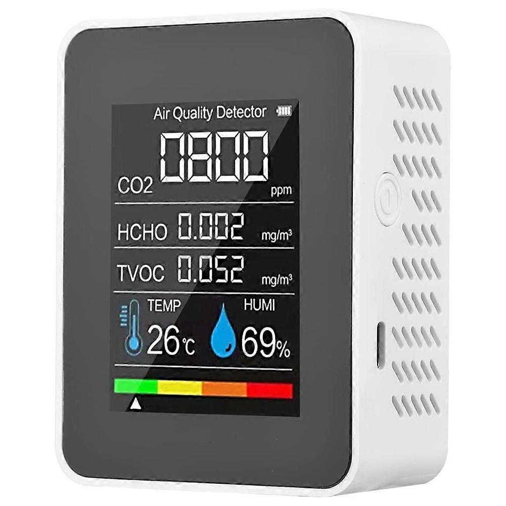 5 in 1 Air Quality Monitor, USB Rechargeable CO2 Detector White