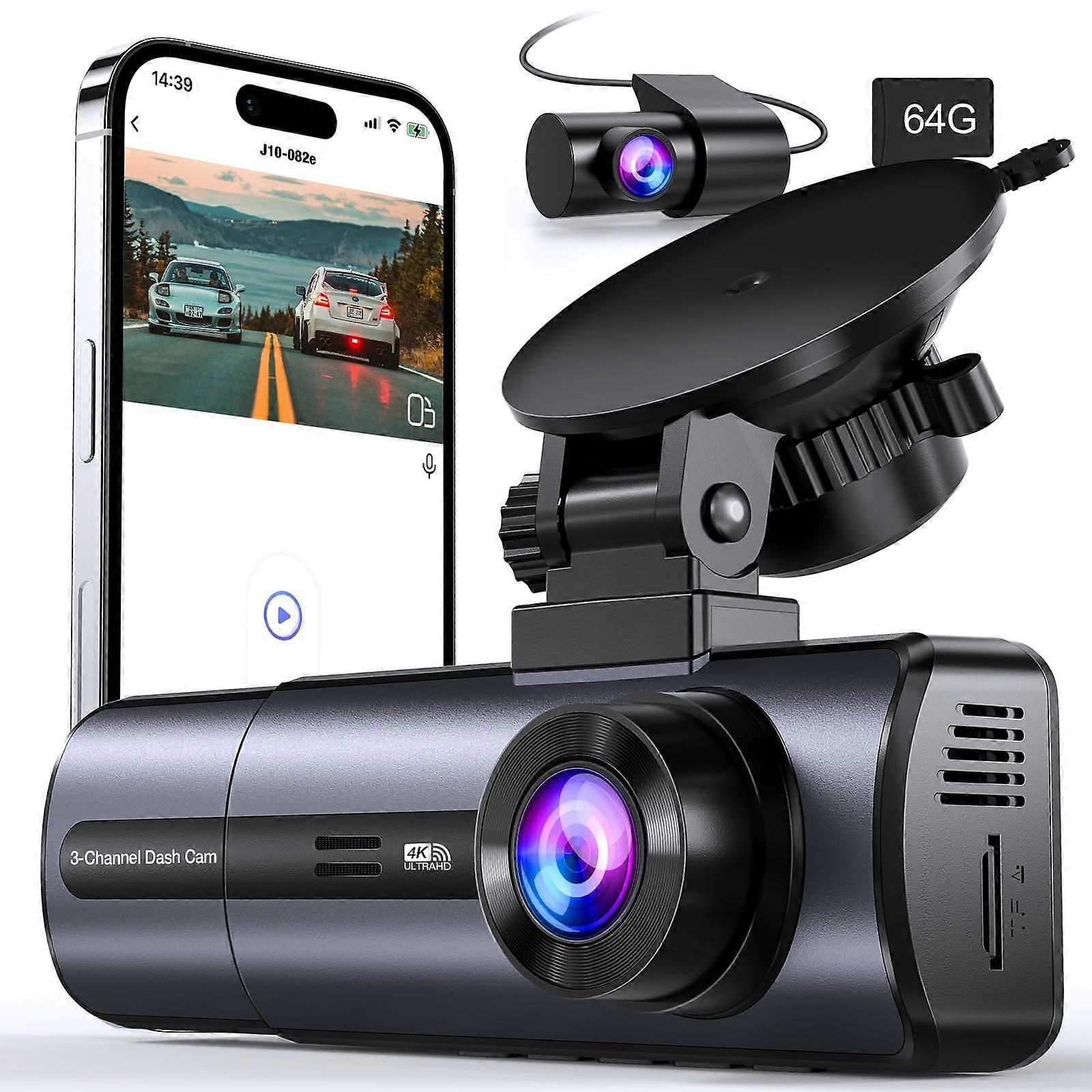 1 Car Camera 4K WiFi Triple Dash for Front Inside and Rear Recording