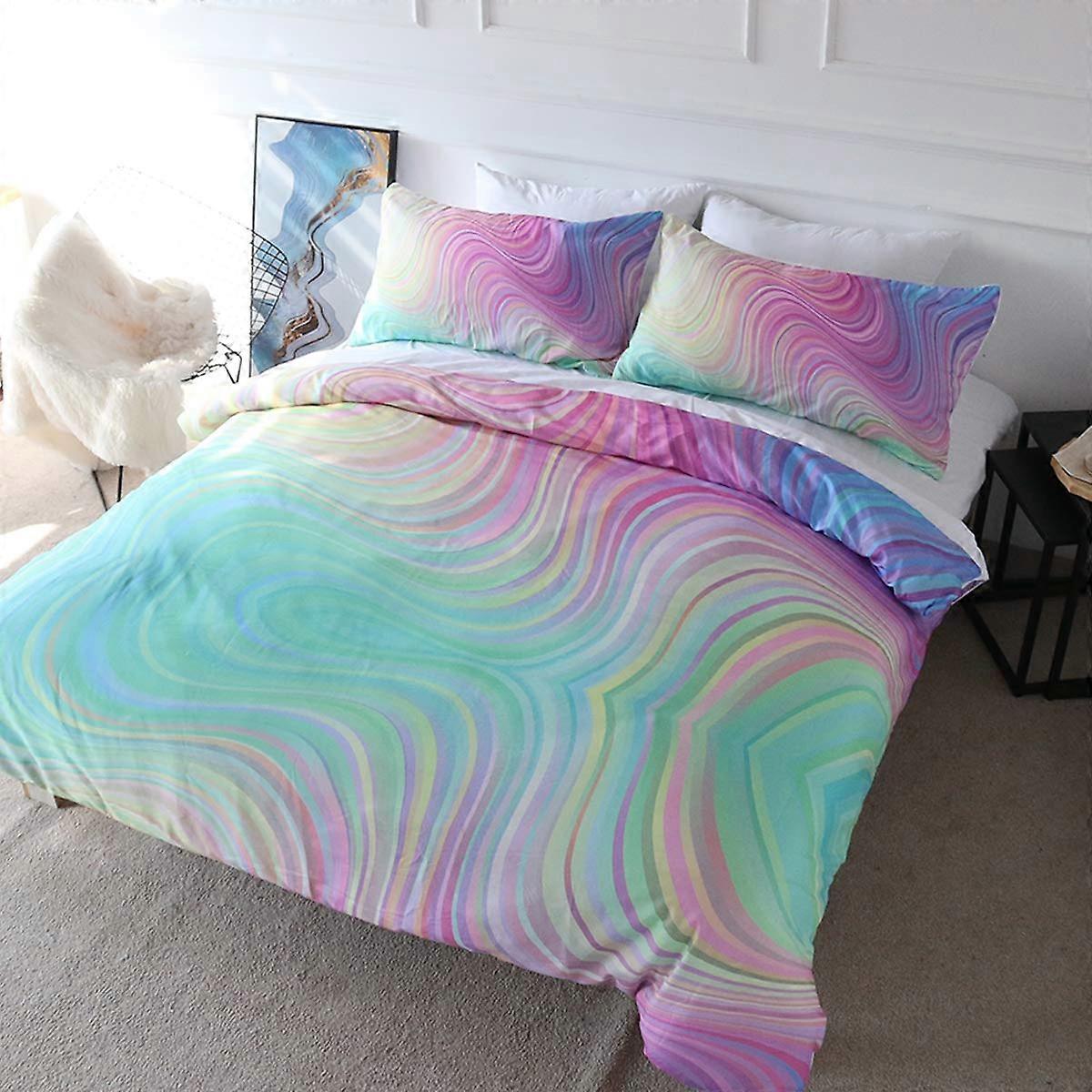 3 Pieces Bedding Set Modern Pattern Pastel Rainbow Marble Printed Bed Sets with 2 Pillow Cases King Size