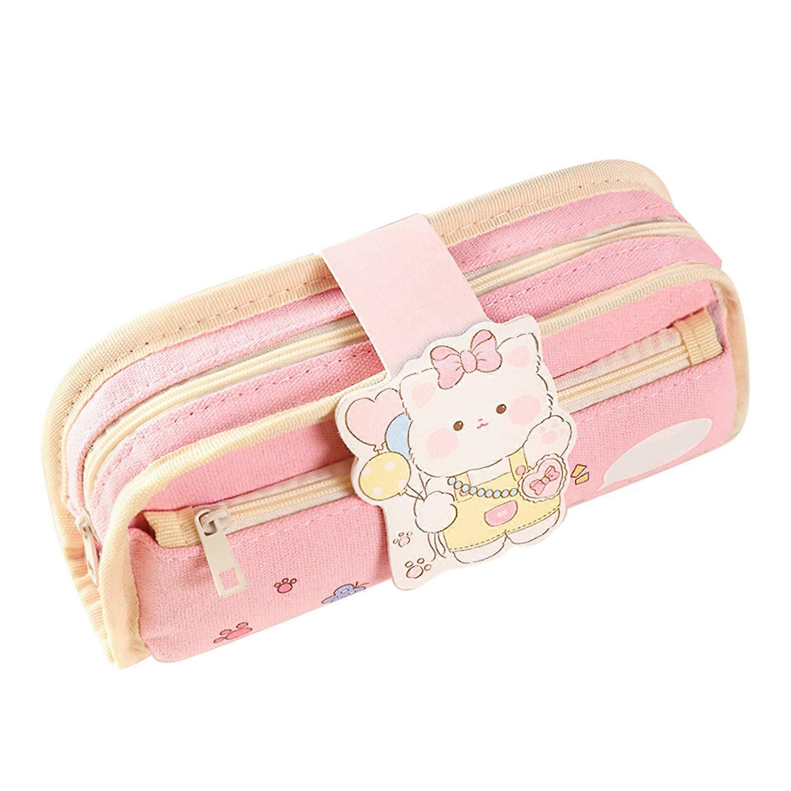 Cute Pencil Bag Double Layer Large Capacity Canvas Stationery Pen Case for Students