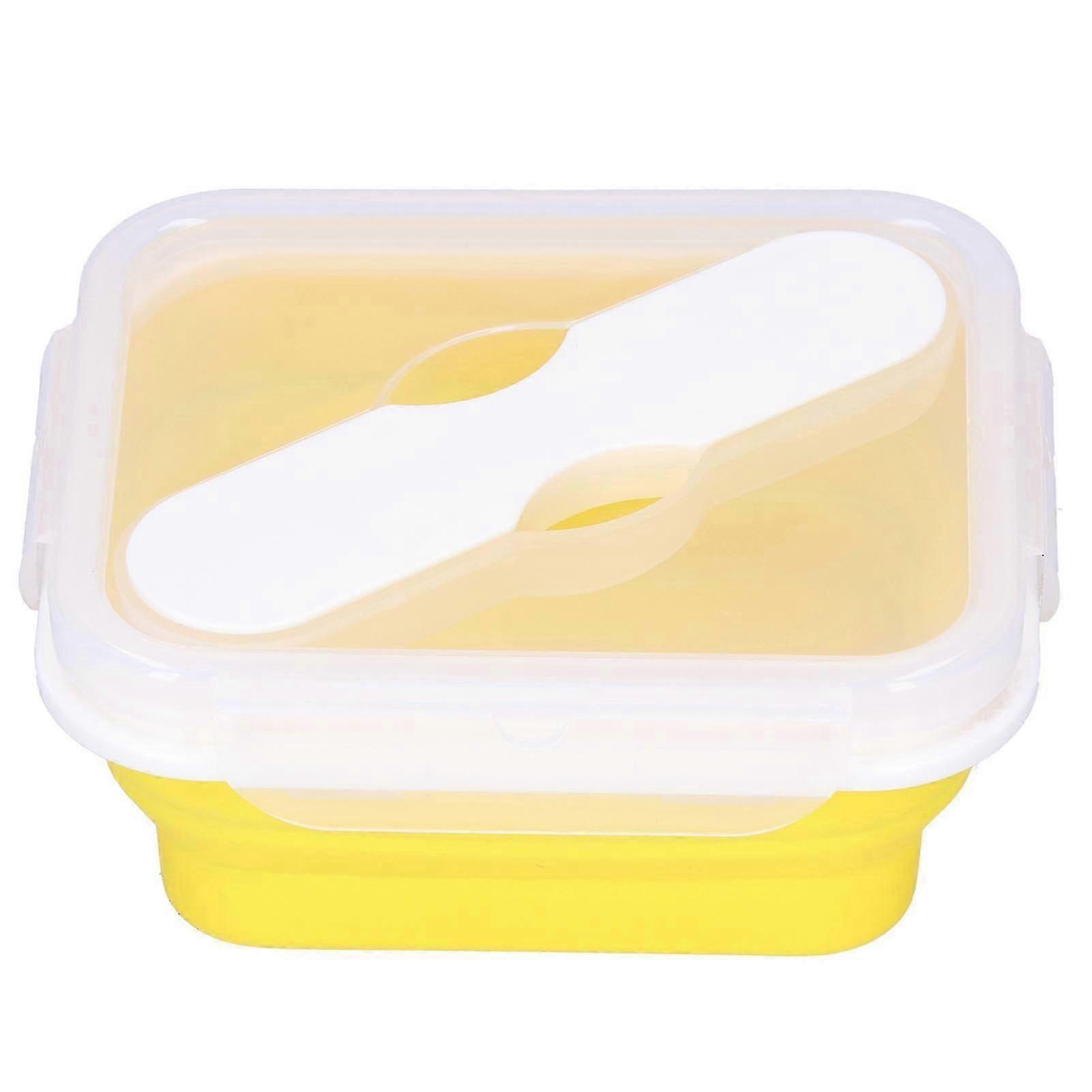 Silicone Insulation Box Portable Lunch Box with Integrated Fork Spoon for Office SchoolYellow 600ML