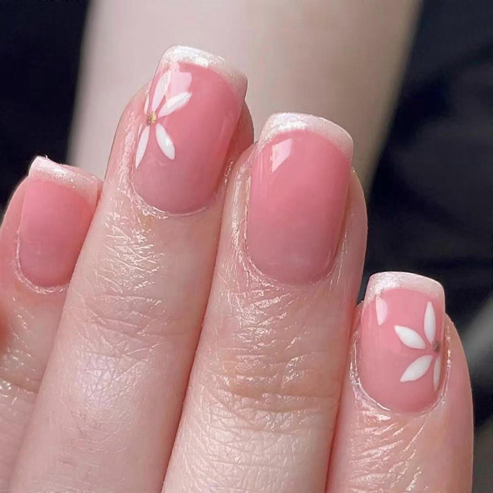 ネイルフラワーフェイクネイルスティックオンネイルオンネイルスティックを12サイズでスクエアプレス、DIYネイルアートデコレーション用の24個のフレンチネイルチップ