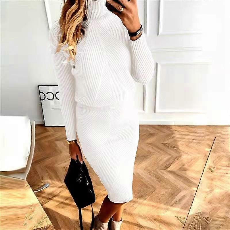 2024 Autumn New Women's Sweater Dress Women's Elegant High Neck Solid Colour Pullover Knitted Top Skirt Set Two Piece Casual Wear