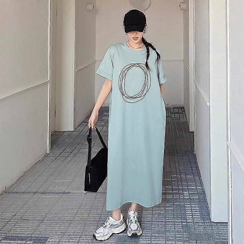 Summer Women's Dress Plus Size Long Rolled Sleeve with Pocket Split Short Sleeve Dresses