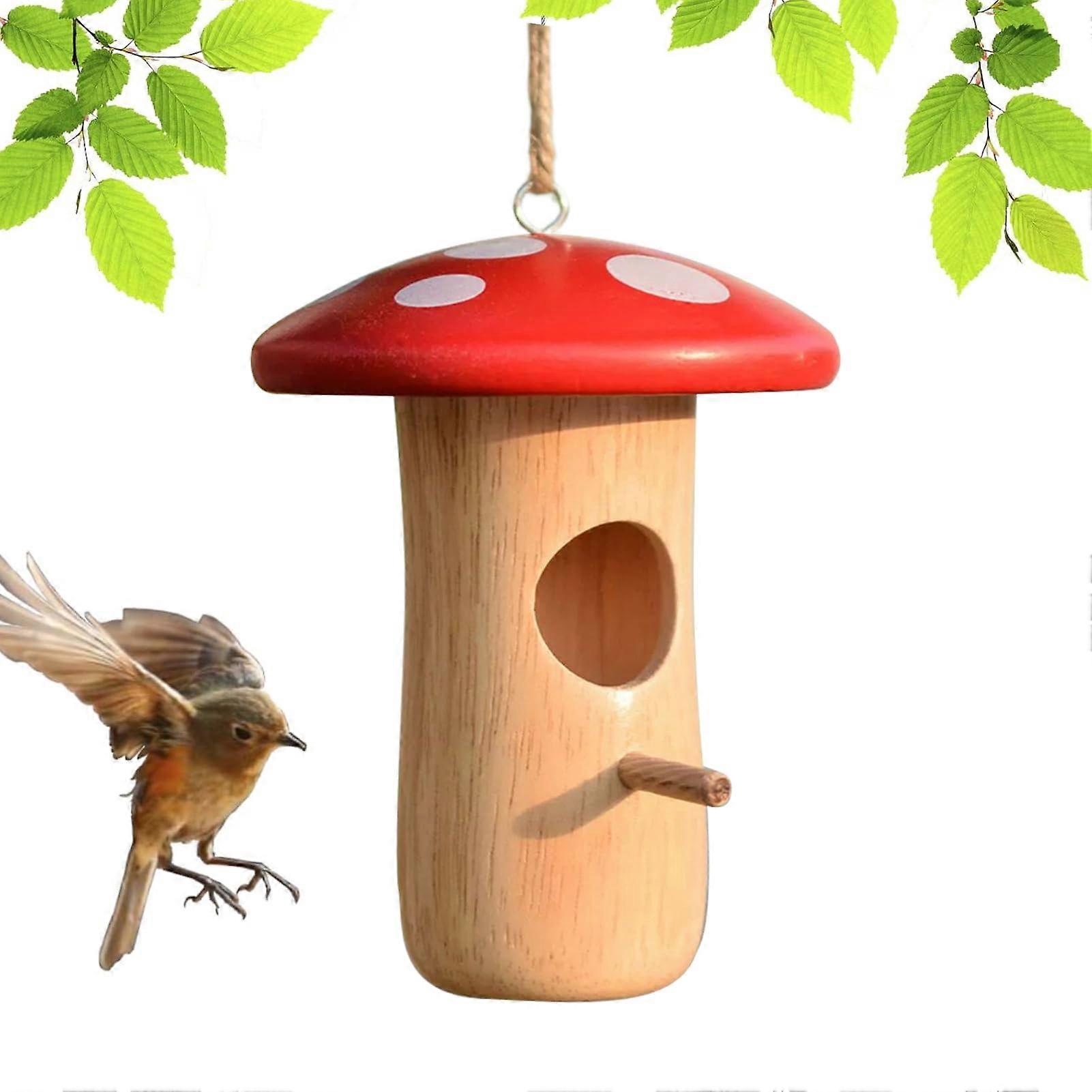Hummingbird Nest House, Hanging Bird Nesting Box, Natural Wooden Bird House, Decorative Mushroom Design, Garden Decoration