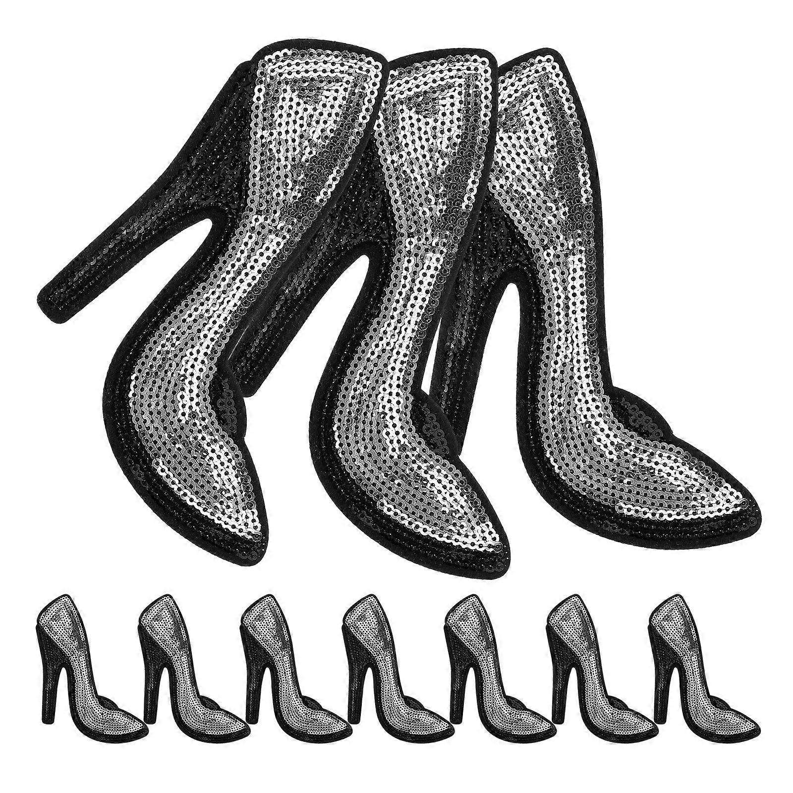 High Heel Shape Patch Diy Decoration Clothes Applique Costume Accessory Sew On Patch Silver Sequin 5 Pairs